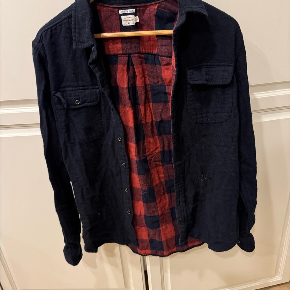 Men's Black Flannel Shirt with Red Plaid Lining